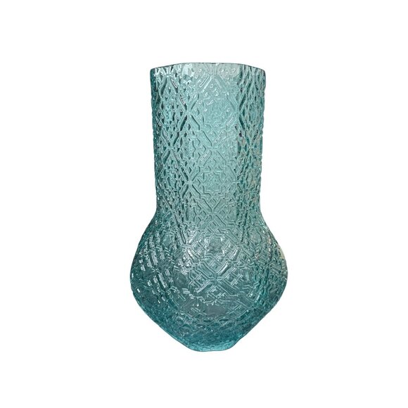 Vase Glass NEW Aqua Blue 8 Sided Unique Design & Shape Textured Outside 12” - Picture 1 of 7